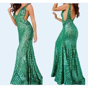 JOVANI Emerald Green Sequin V Neck Side Cut Out Prom Dress Sz 00 NEW